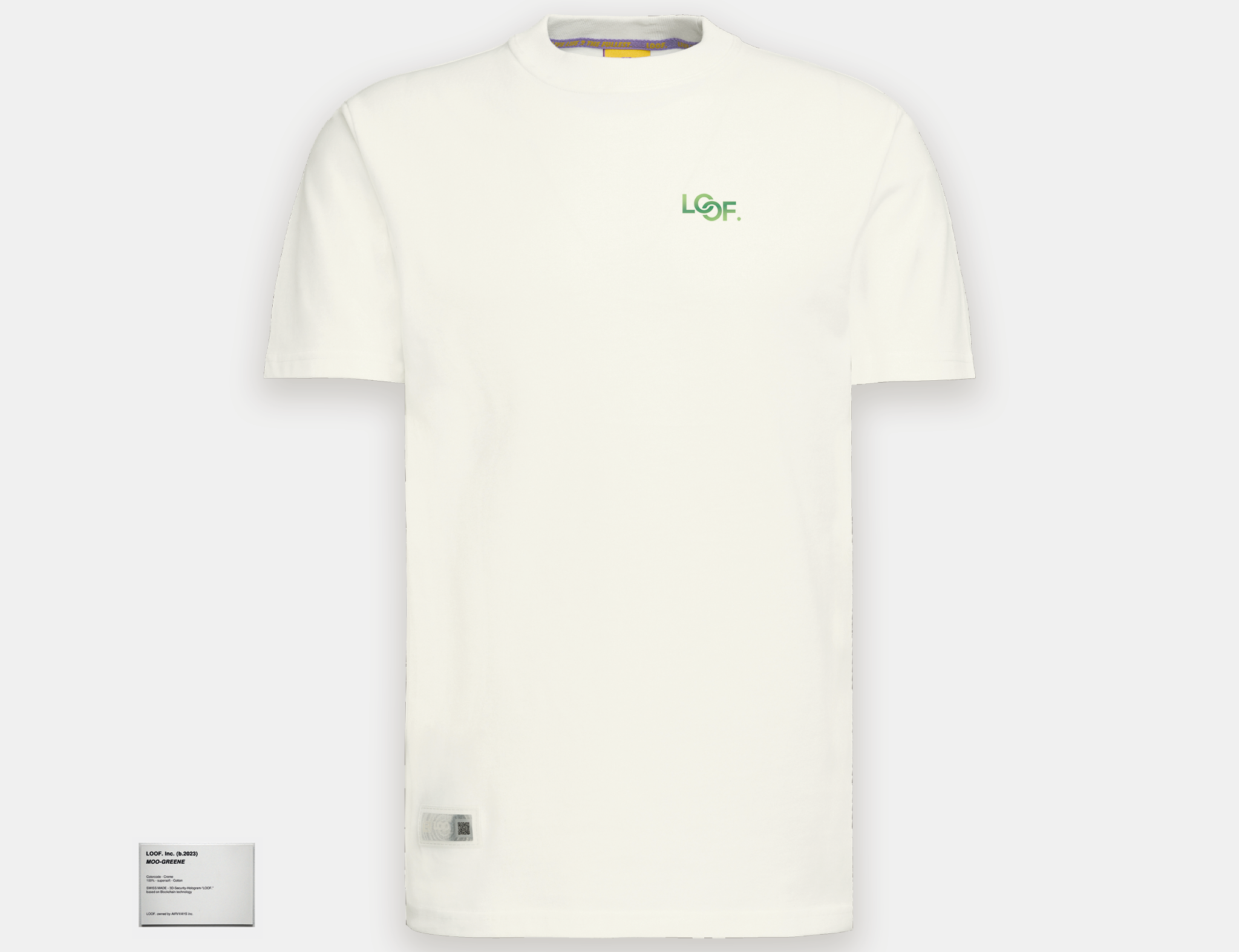 LOOF. Swiss streetwear longsize cut t-shirt in the color creme / off-white. The LOOF logo is in the iconic olympinikes design in the blending colors of greene