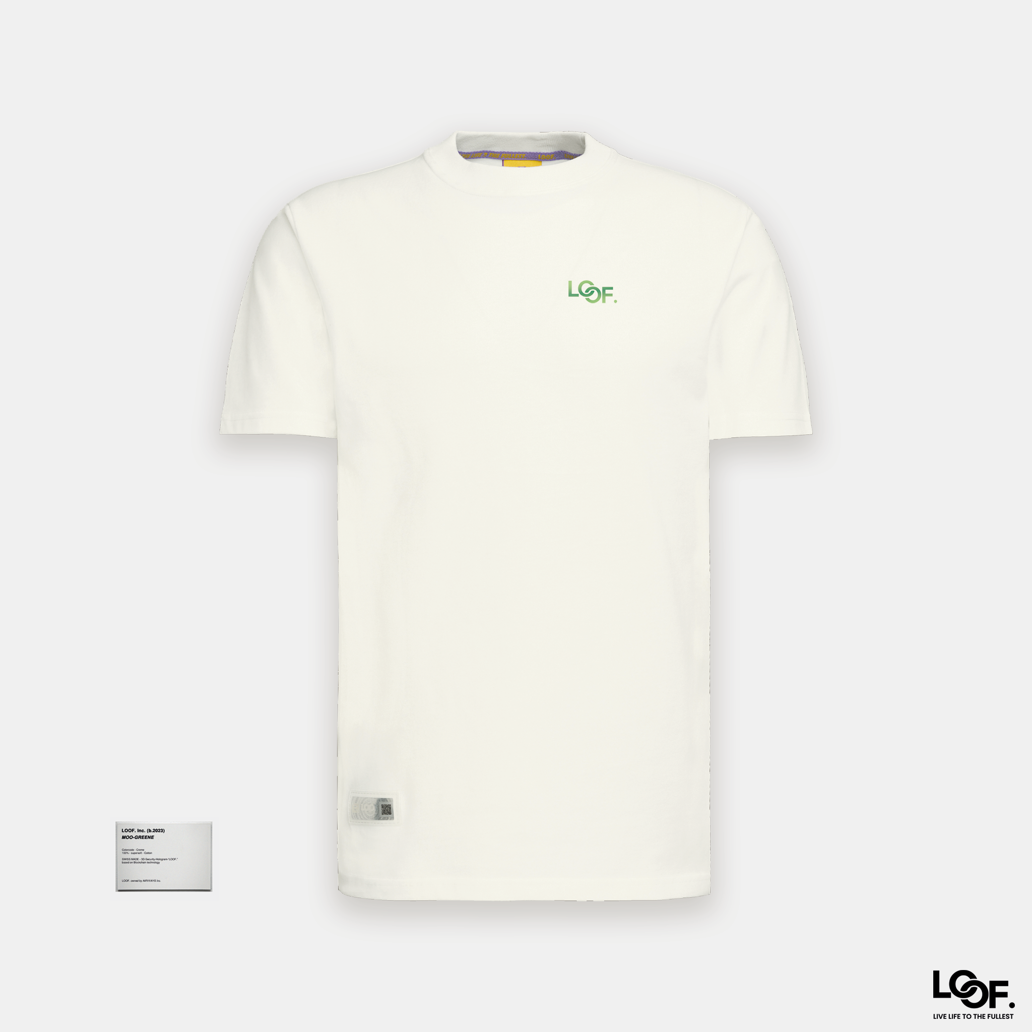 LOOF. Swiss streetwear longsize cut t-shirt in the color creme / off-white. The LOOF logo is in the iconic olympinikes design in the blending colors of greene