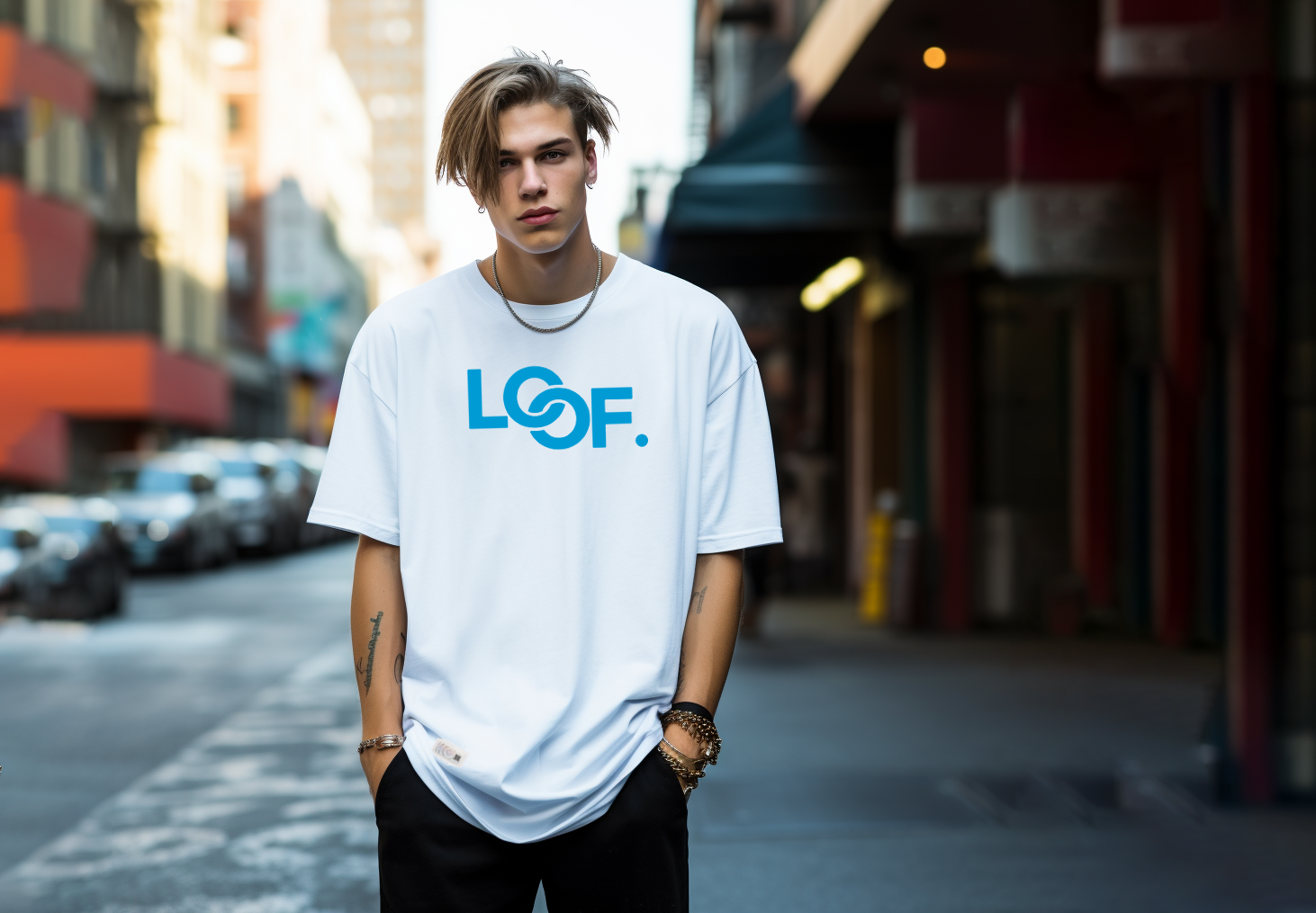 Model with super soft white cotton T-Shirt from the Swiss Streetwearbrand LOOF. in Manhatten